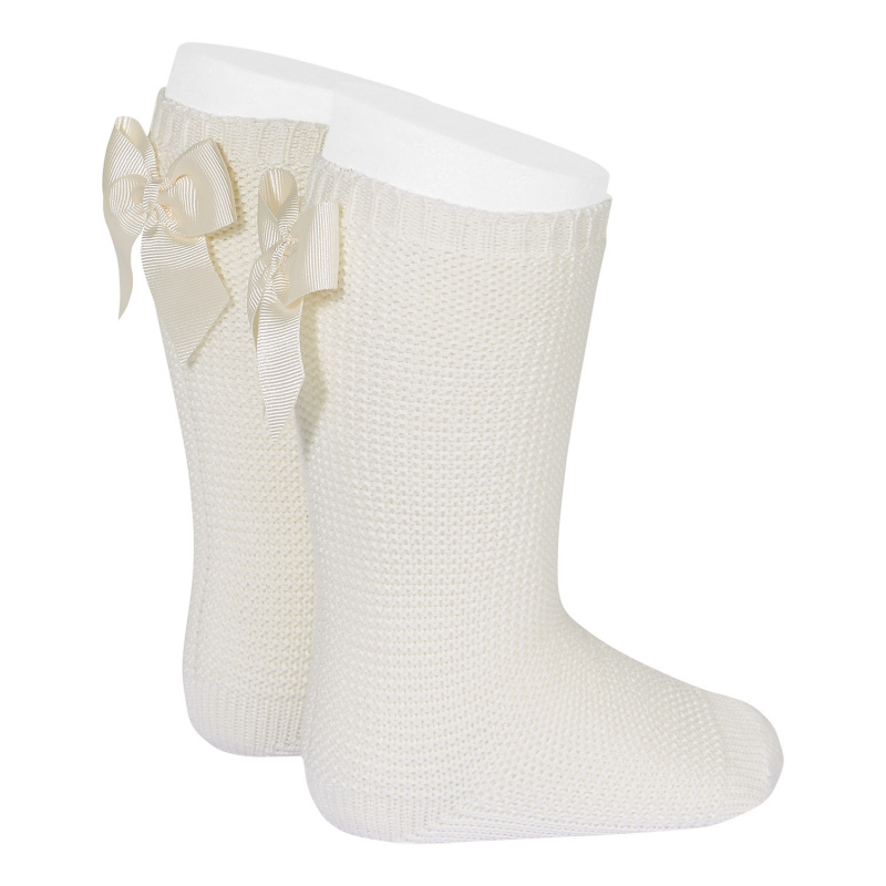 Garter stitch knee high socks with bow BEIGE Condor