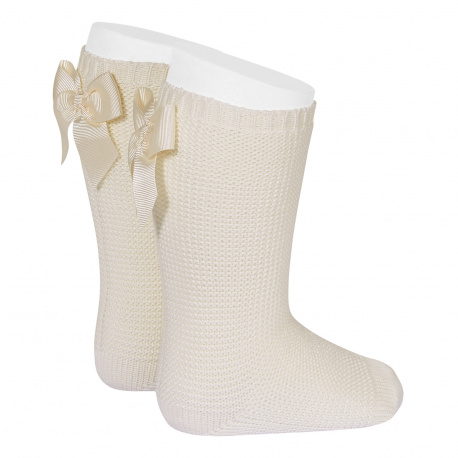 Garter stitch knee high socks with bow LINEN