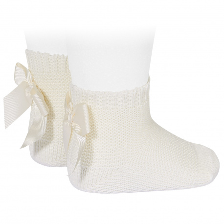 Garter stitch short socks with bow BEIGE