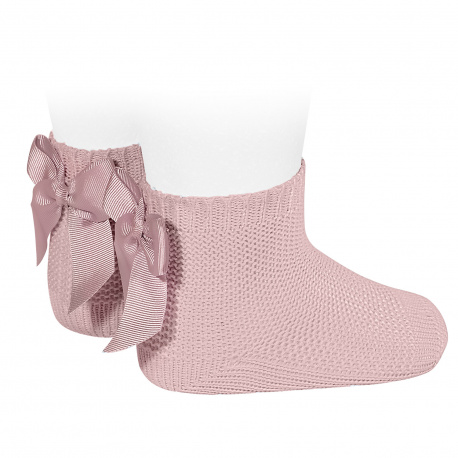 Garter stitch short socks with bow PALE PINK