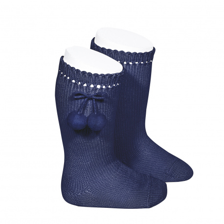 Perle knee high socks with pompoms NAVY BLUE