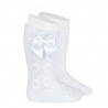 Perle geometric openwork knee high sockswith bow WHITE