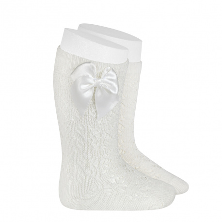 Perle geometric openwork knee high sockswith bow CREAM