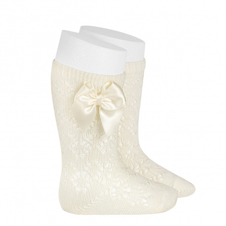 Perle geometric openwork knee high sockswith bow BEIGE