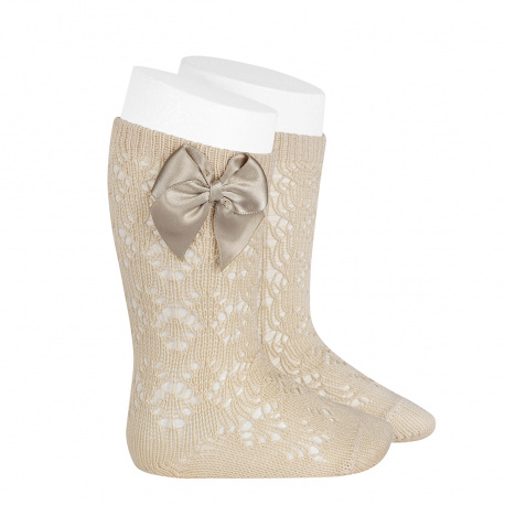 Perle geometric openwork knee high sockswith bow LINEN