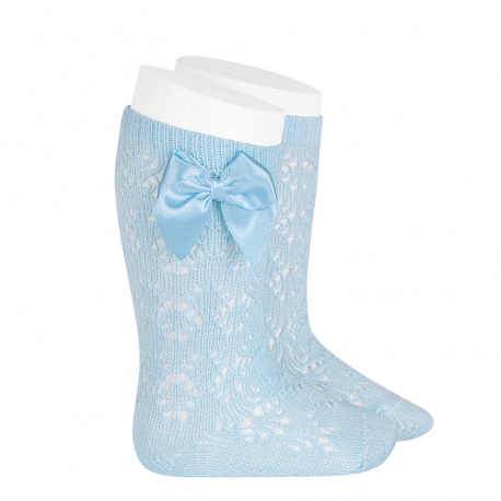 Chaussettes hautes coton ajouré géométrique noeud BLEU BEBE