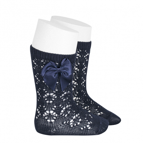 Perle geometric openwork knee high sockswith bow NAVY BLUE