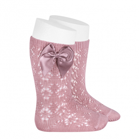 Chaussettes hautes coton ajouré géométrique noeud PALE ROSE