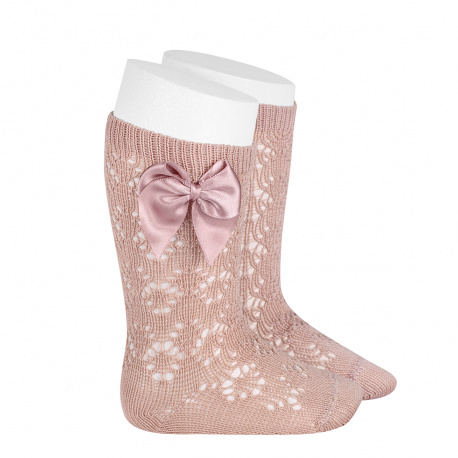 Perle geometric openwork knee high sockswith bow OLD ROSE