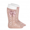 Perle geometric openwork knee high sockswith bow OLD ROSE