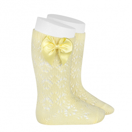 Perle geometric openwork knee high sockswith bow BUTTER