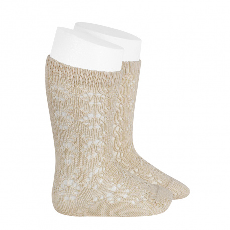 Perle geometric openwork knee high socks LINEN