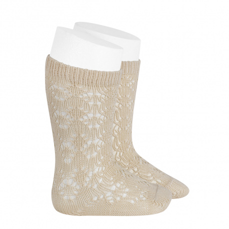 Perle geometric openwork knee high socks LINEN