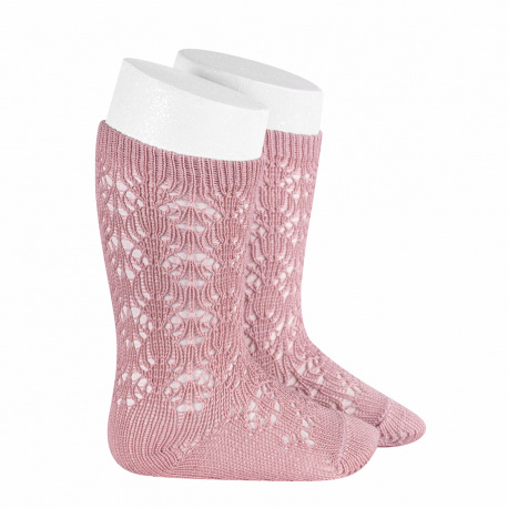 Chaussettes hautes coton ajourée géométrique PALE ROSE