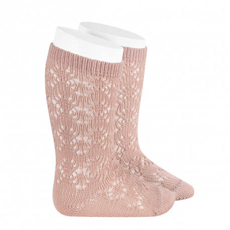 Chaussettes hautes coton ajourée géométrique VIEUX ROSE