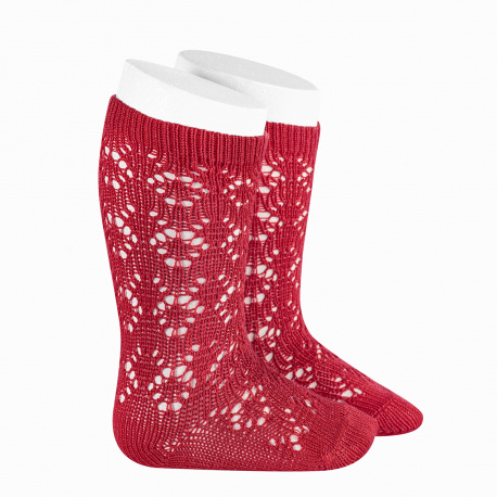 Chaussettes hautes coton ajourée géométrique ROUGE