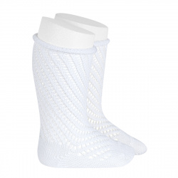 Net openwork perle knee high socks w/rolled cuff WHITE