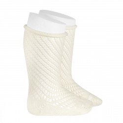 Net openwork perle knee high socks w/rolled cuff BEIGE