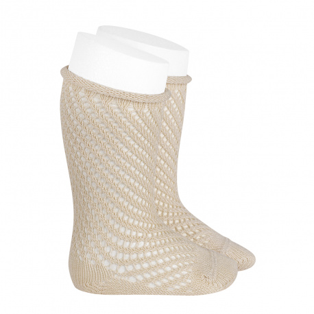 Net openwork perle knee high socks w/rolled cuff LINEN