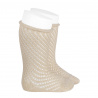 Net openwork perle knee high socks w/rolled cuff LINEN