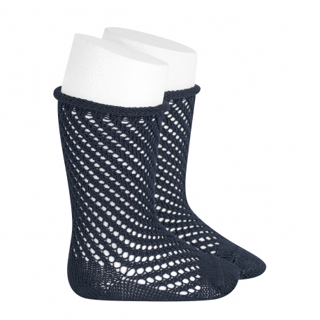 Chaussettes hautes coton ajouré filet BLEU MARINE