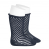 Net openwork perle knee high socks w/rolled cuff NAVY BLUE