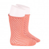 Net openwork perle knee high socks w/rolled cuff PEONY