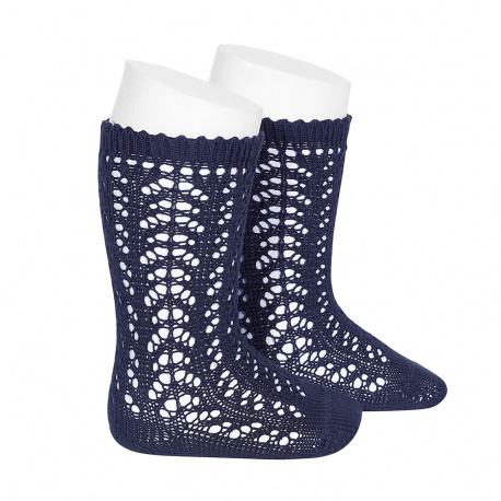 Cotton openwork knee-high socks NAVY BLUE