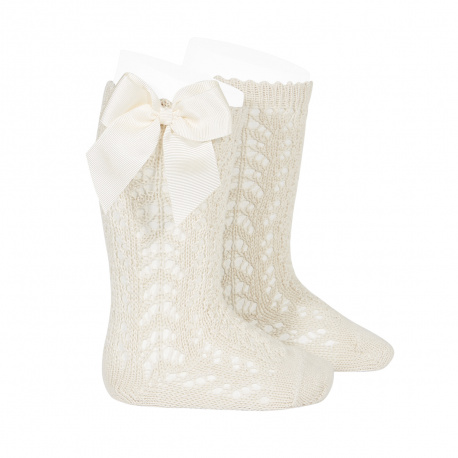 Cotton openwork knee-high socks with bow LINEN