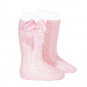 Cotton openwork knee-high socks with bow PINK