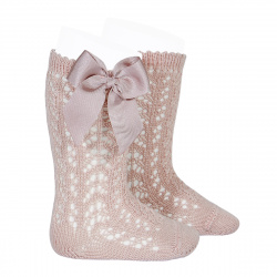 Cotton openwork knee-high socks with bow OLD ROSE
