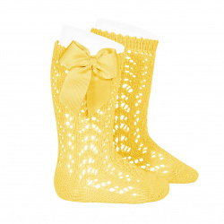 Cotton openwork knee-high socks with bow LIMONCELLO