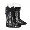 Cotton openwork knee-high socks with bow BLACK