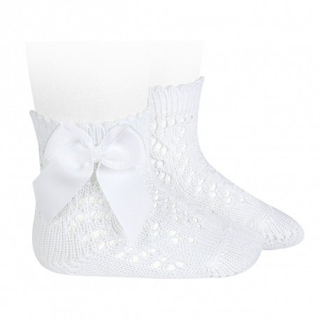Calze corte in cotone perle traforate con fiocco BIANCO