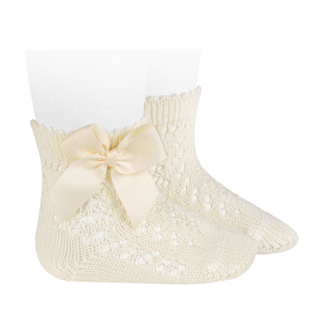 Cotton openwork short socks with bow BEIGE