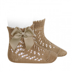 Cotton openwork short socks with bow CAMEL