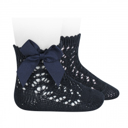 Cotton openwork short socks with bow NAVY BLUE