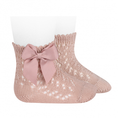 Chaussettes courtes coton ajourée avec noeud VIEUX ROSE