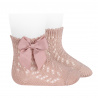 Cotton openwork short socks with bow OLD ROSE