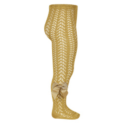 Openwork perle tights with side grossgrain bow MUSTARD