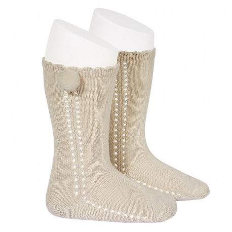 Side openwork perle knee high socks withpompom LINEN