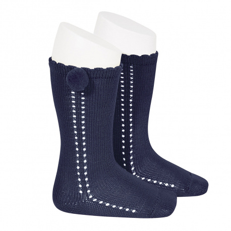 Chaussettes hautes coton ajourée avec pompom BLEU MARINE