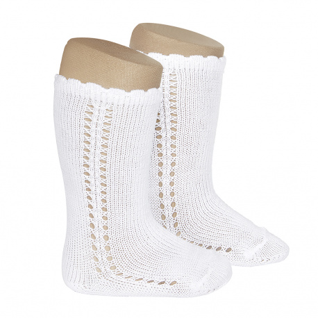 Side openwork perle knee high socks WHITE