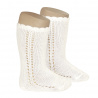 Side openwork perle knee high socks BEIGE