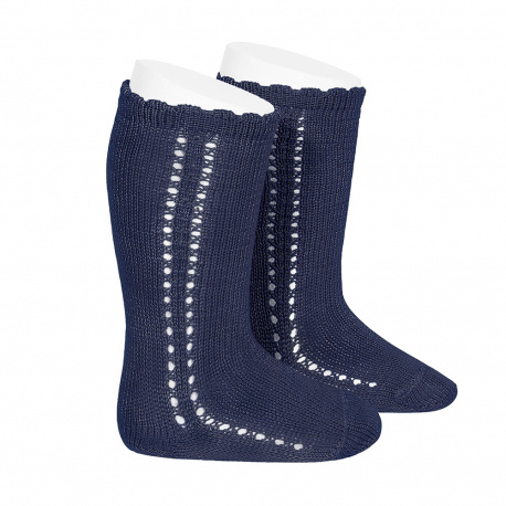 Side openwork perle knee high socks NAVY BLUE