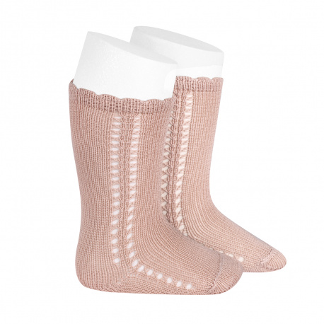 Side openwork perle knee high socks OLD ROSE