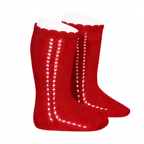 Side openwork perle knee high socks RED