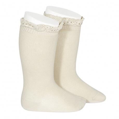 Knee socks with lace edging cuff LINEN