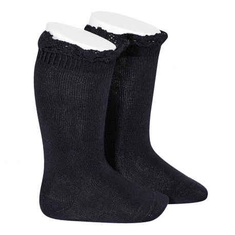 Knee socks with lace edging cuff NAVY BLUE