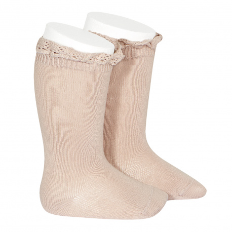 Chaussettes hautes unies avec dentelle sur bordure VIEUX ROSE